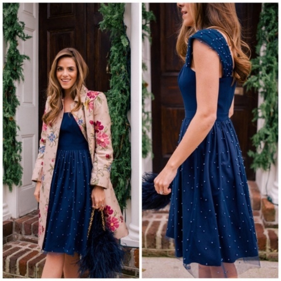 Gal Meets Glam Delores Navy Pearl Fit Flare Dress - Picture 6 of 6